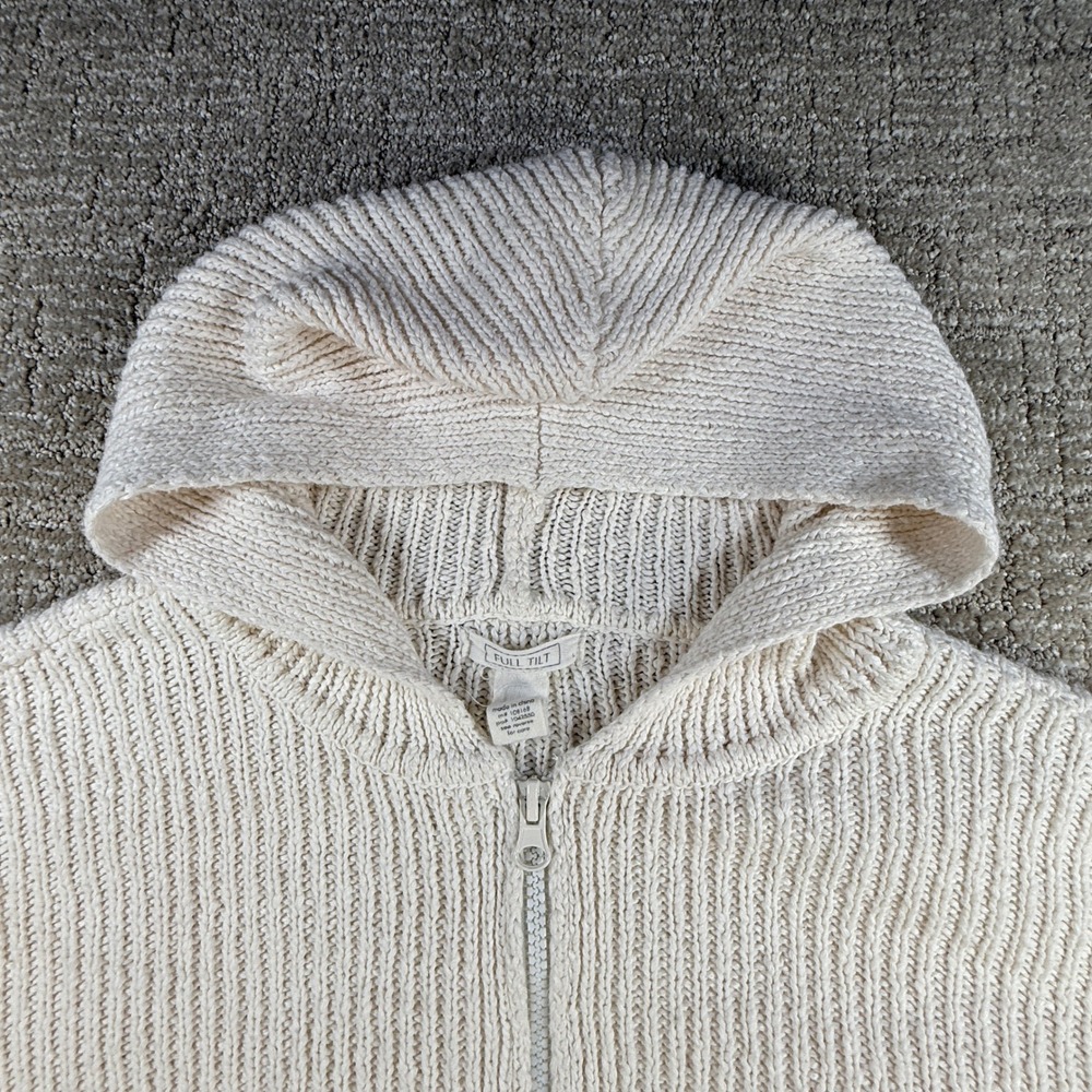 Full Tilt Cropped Knit Hoodie Sweater Womens M Ivory Zip Up Distressed Hem Y2K - Picture 4 of 11